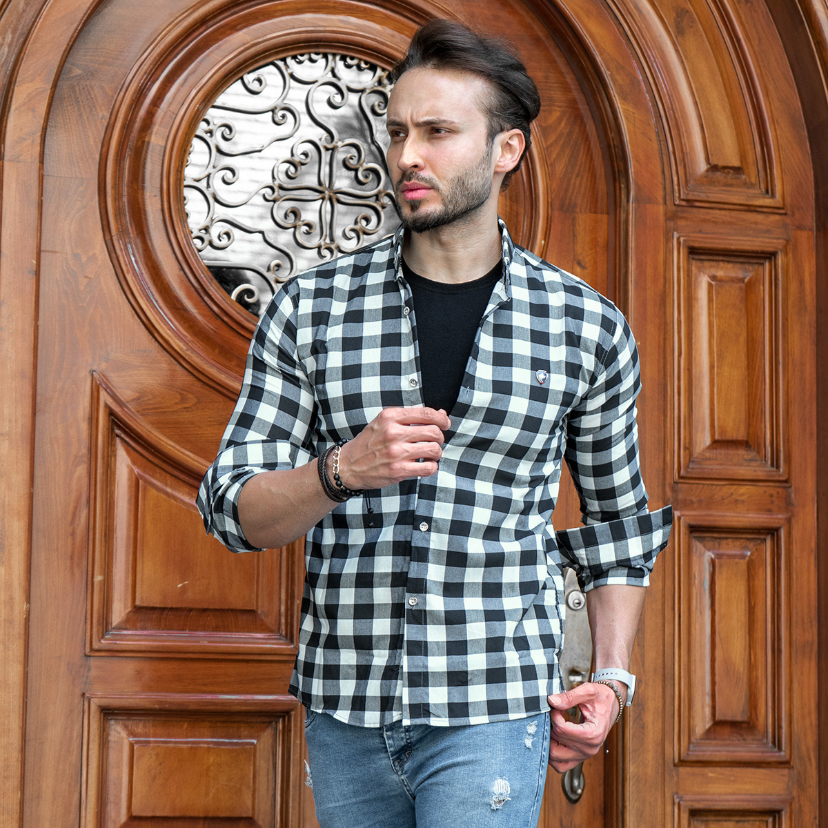 پیراهن چهارخانه مشکی سبز مدل 4560