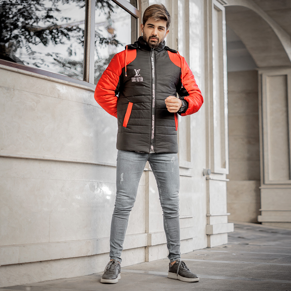 کاپشن مردانه مشکی قرمزمدل LV