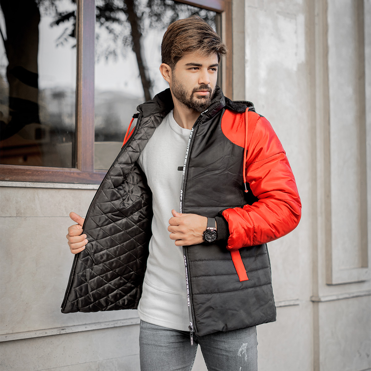 کاپشن مردانه مشکی قرمزمدل LV