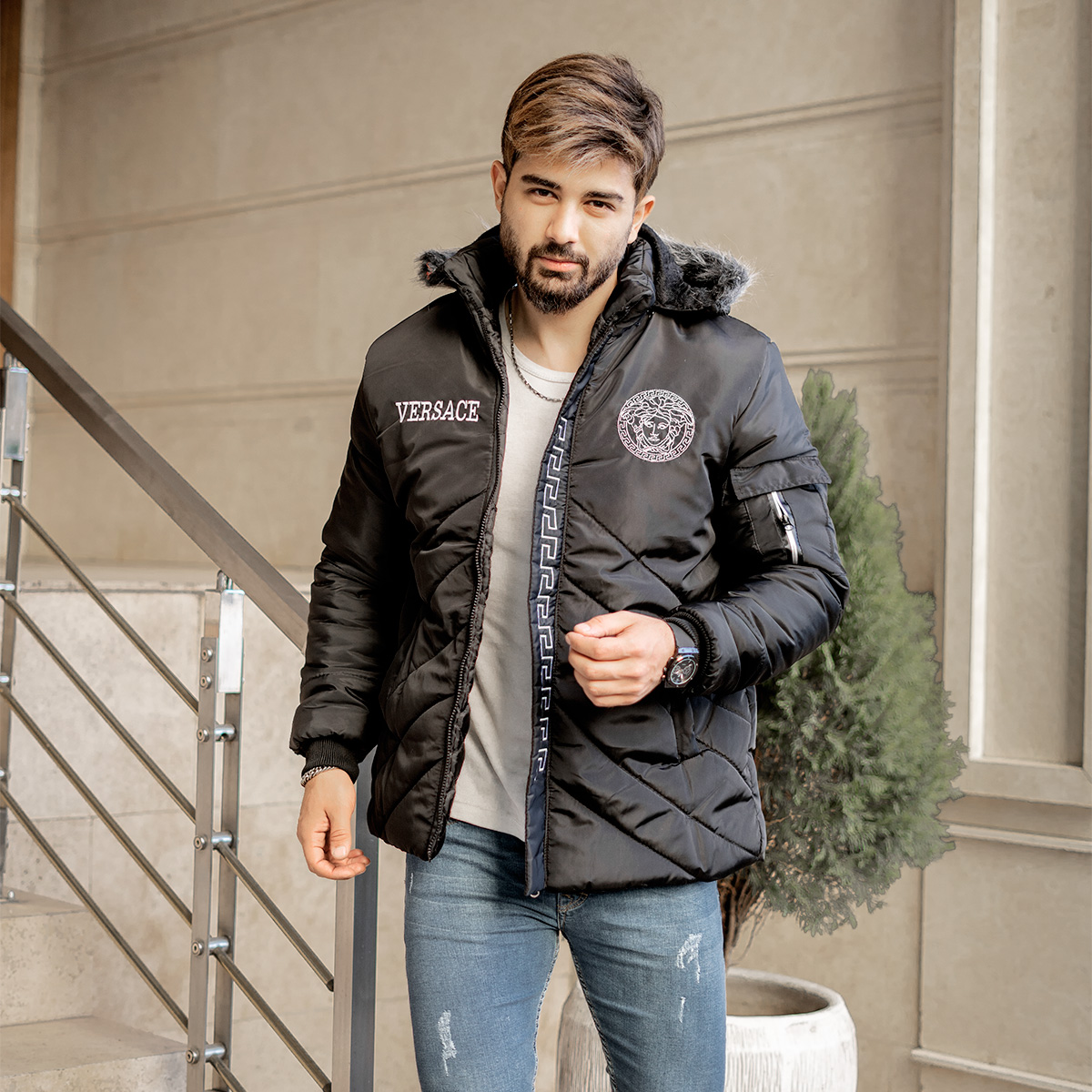 کاپشن مردانه مشکی مدل Versace