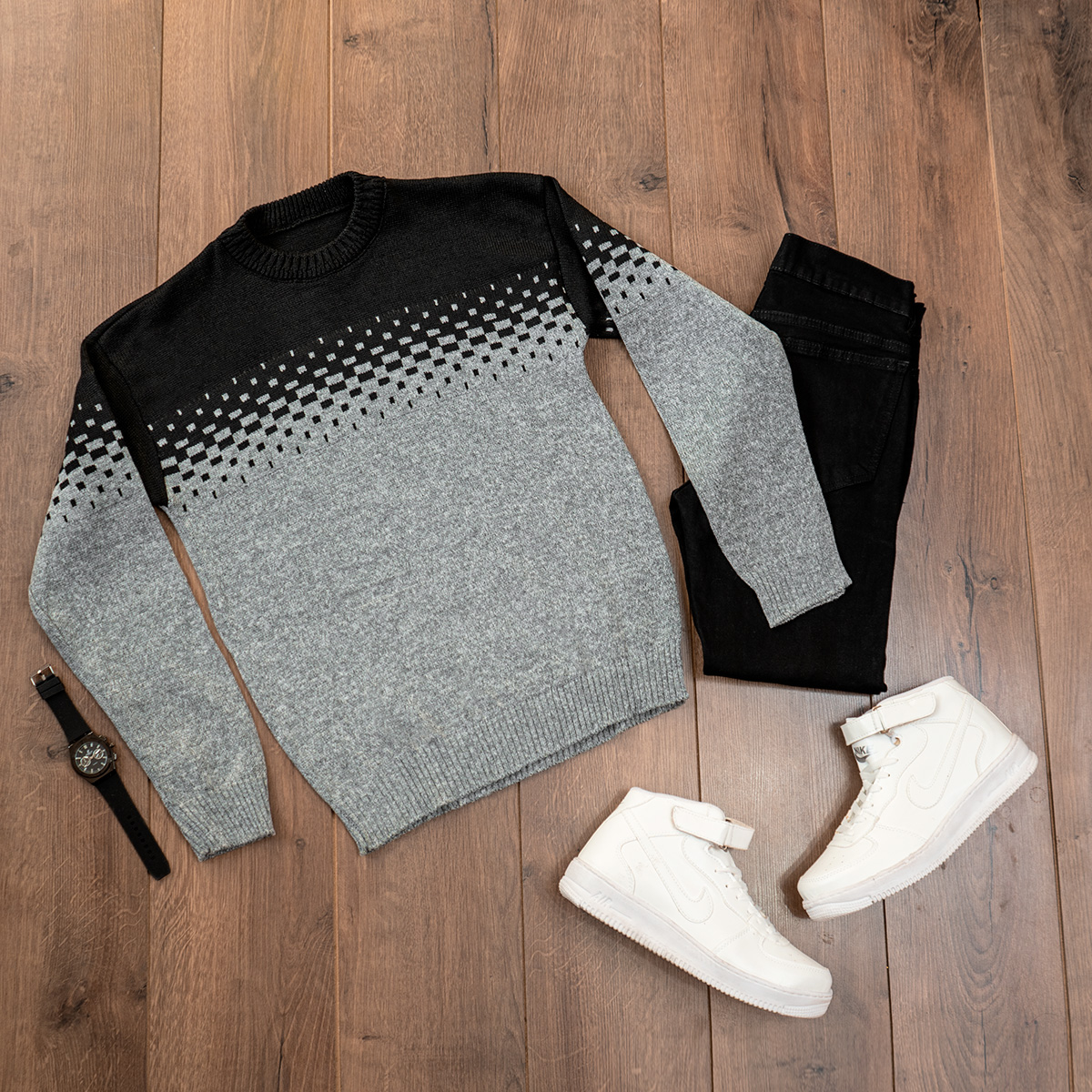 پلیور مردانه دو رنگ مشکی طوسی مدلShatel