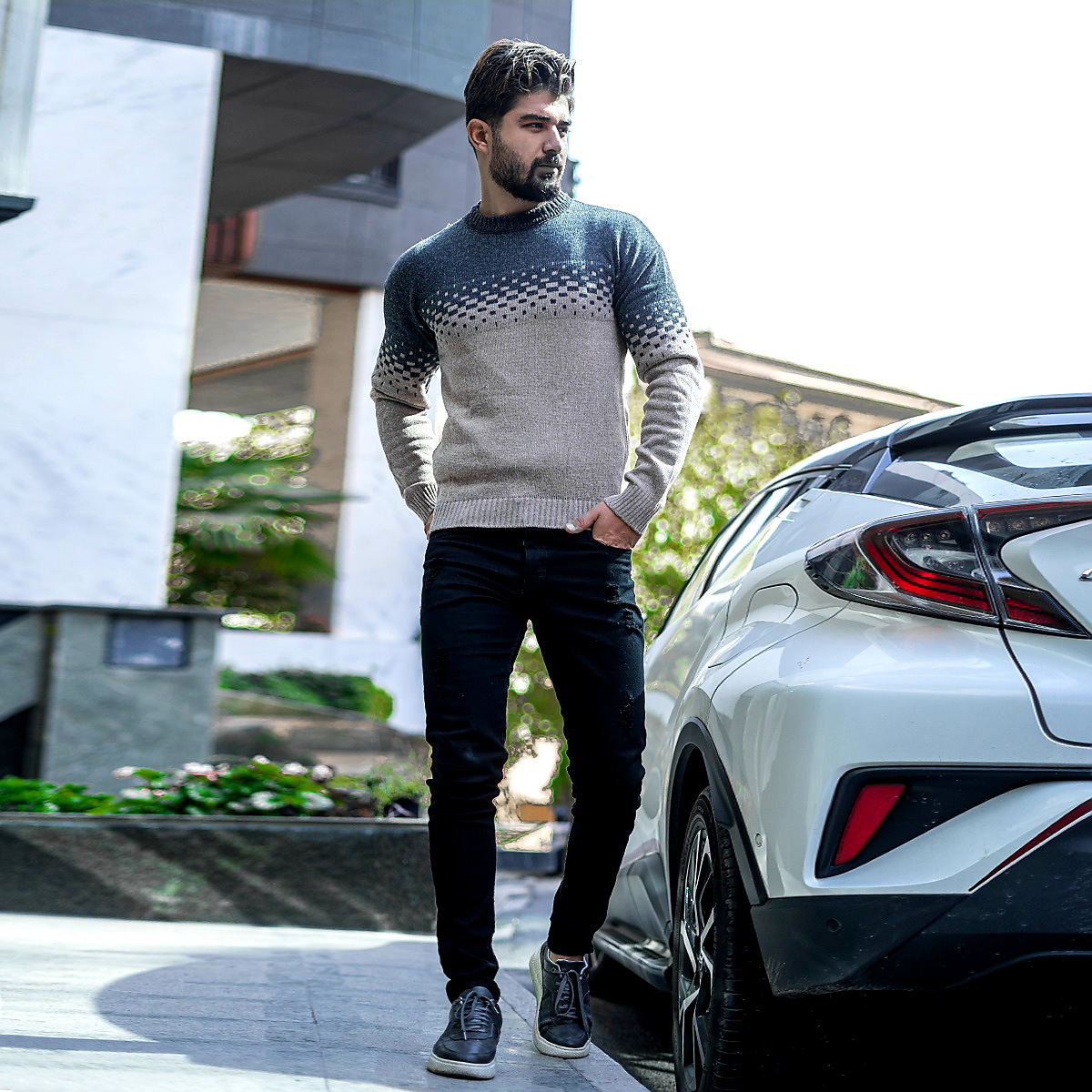 پلیور مردانه دو رنگ ذغالی کرم مدلShatel