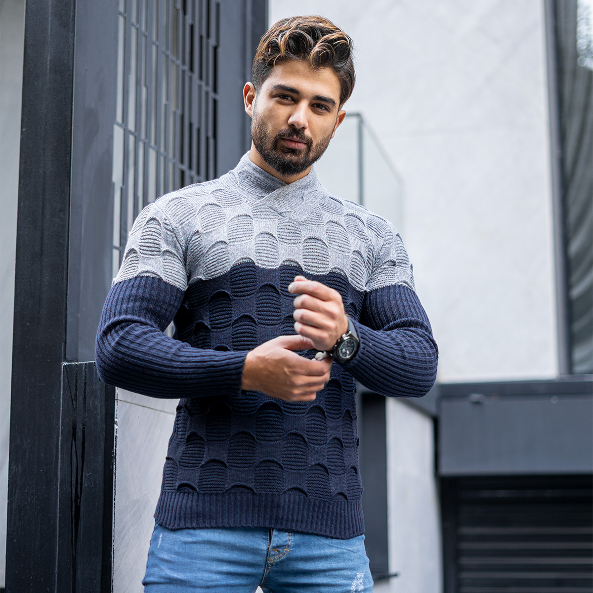 پلیور دورنگ سرمه ای طوسی مردانه مدلArkia