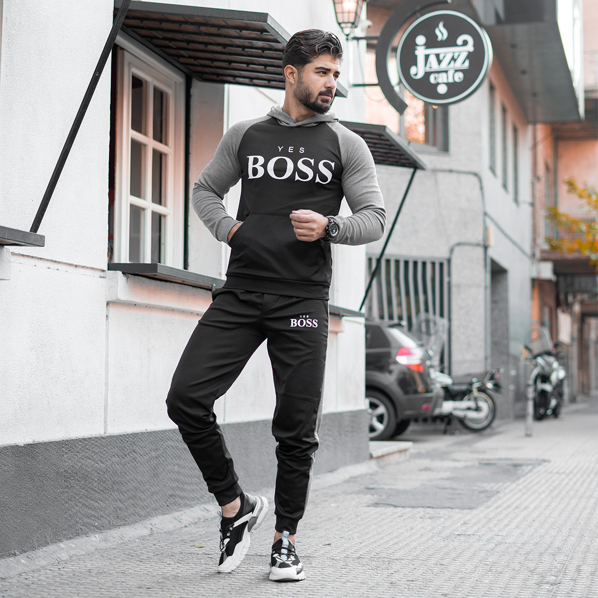 ست هودی شلوار BOSS مردانه طوسی مشکی مدل Varm