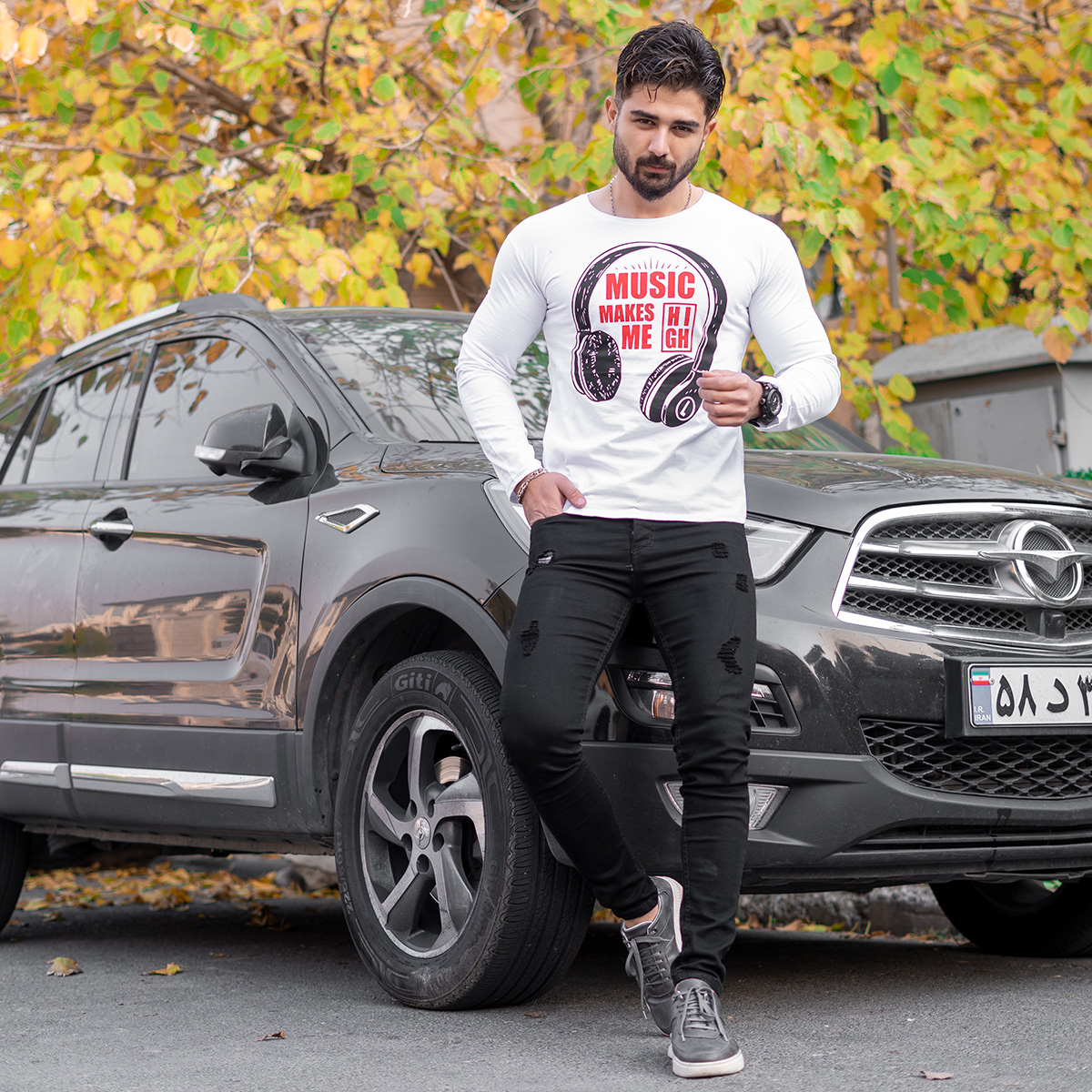 تیشرت آستین بلند مردانه طرح هدست سفید مدل O22