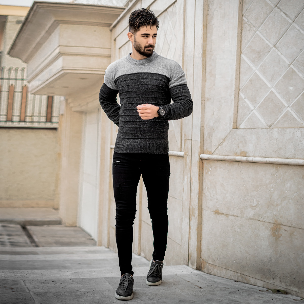 پلیور راه راه طوسی ذغالی مردانه مدلloman