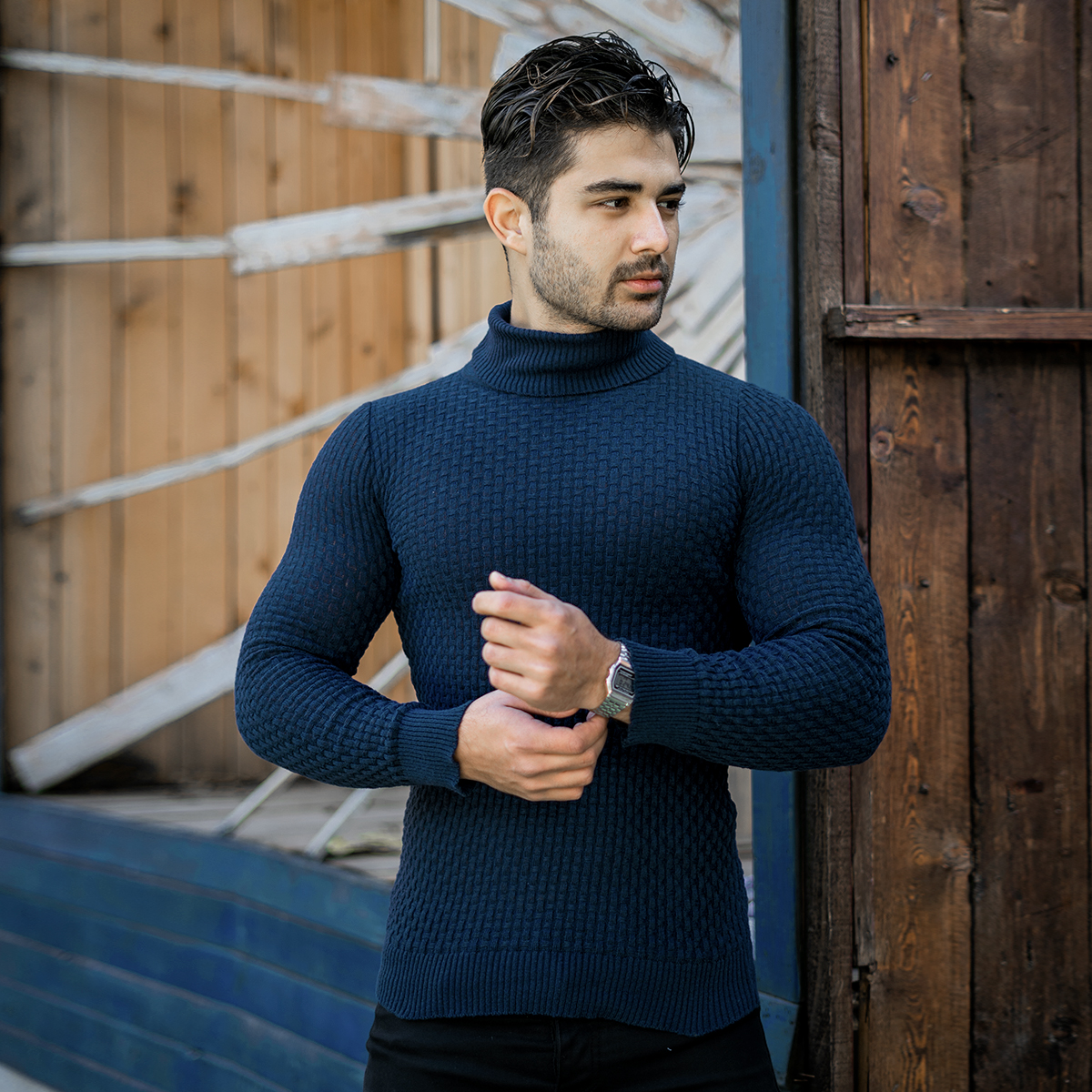 پلیور یقه اسکی مردانه سرمه ای مدل Oktav