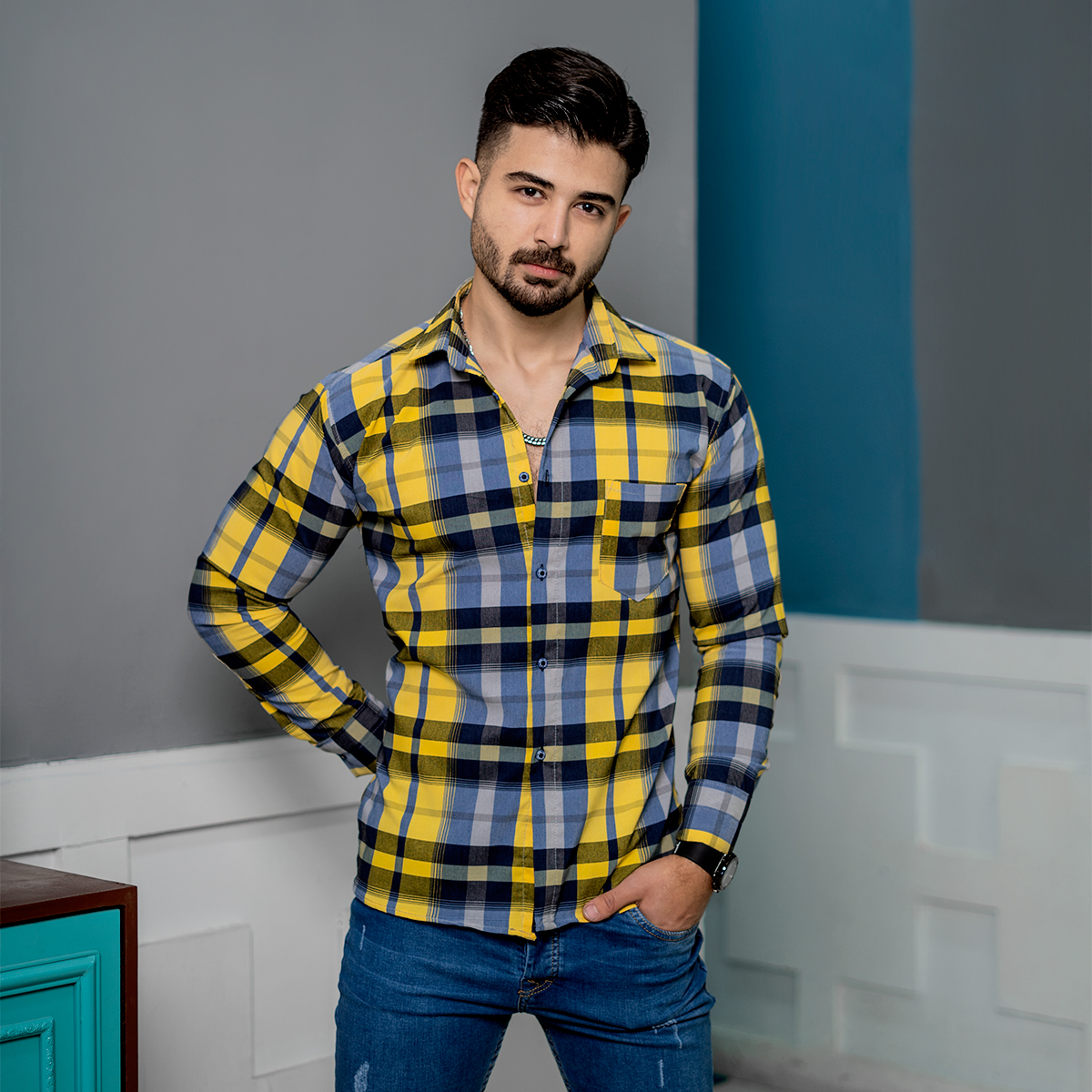 پیراهن چهارخانه زرد مدل oskar