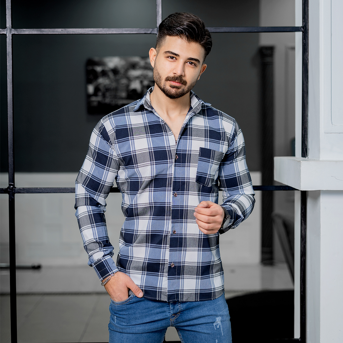 پیراهن مردانه چهارخونه سفید آبی مدل tones