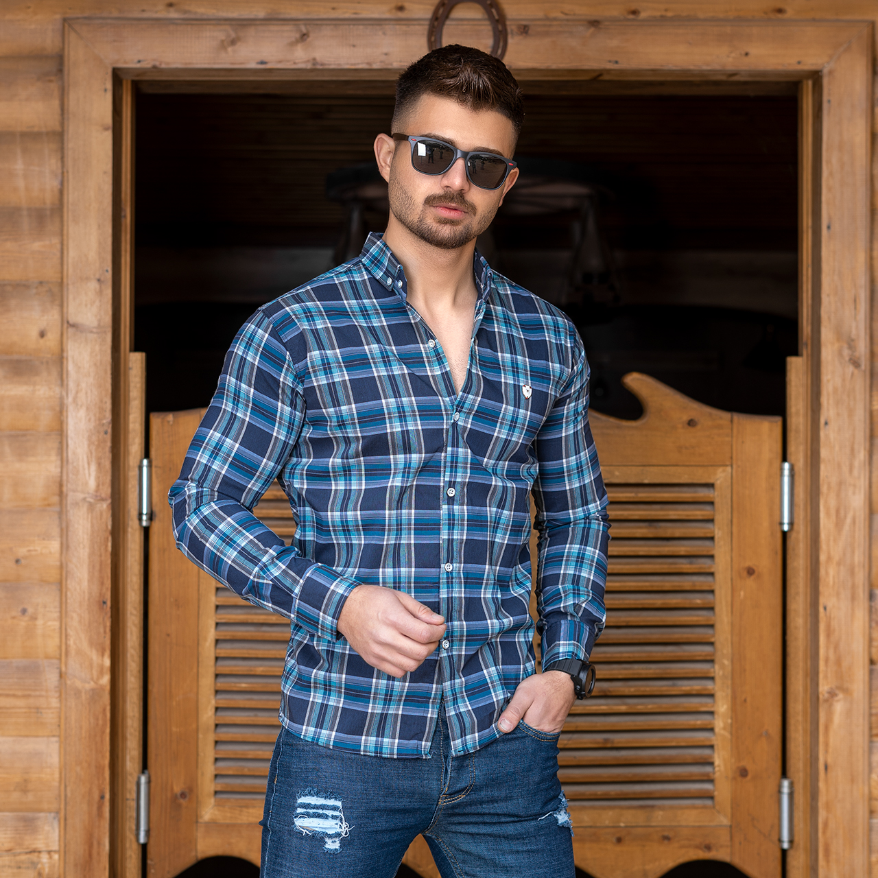 پیراهن چهارخونه سرمه ای آبی مردانه مدل katin