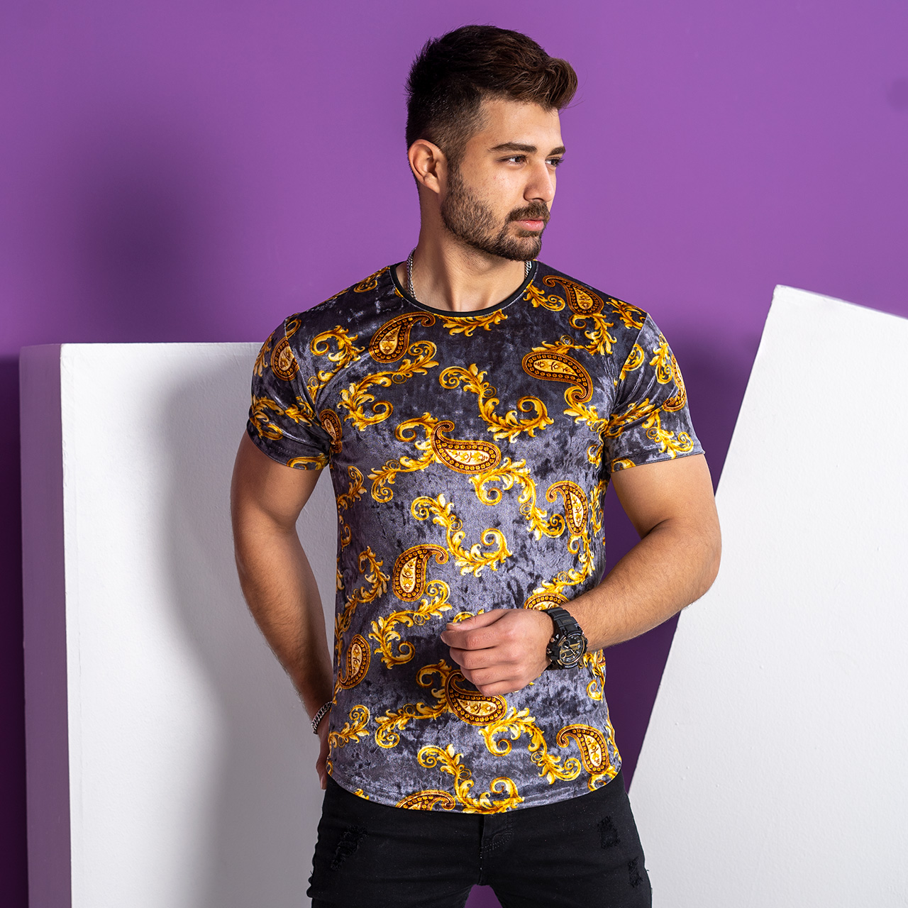 تیشرت مخمل طوسی مردانه مدل H59