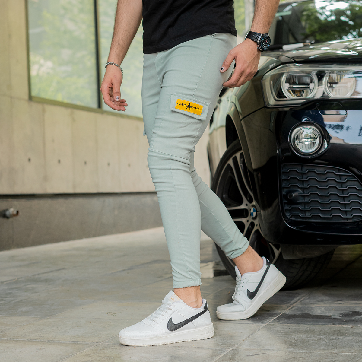 شلوار اسلش بنددار سبز کمرنگ چهارجیب مدل 68