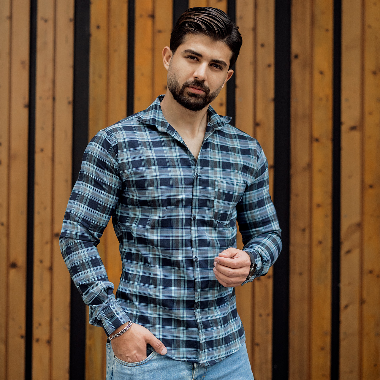 پیراهن مردانه(T) چهار خونه ابی کم رنگ مدلzava