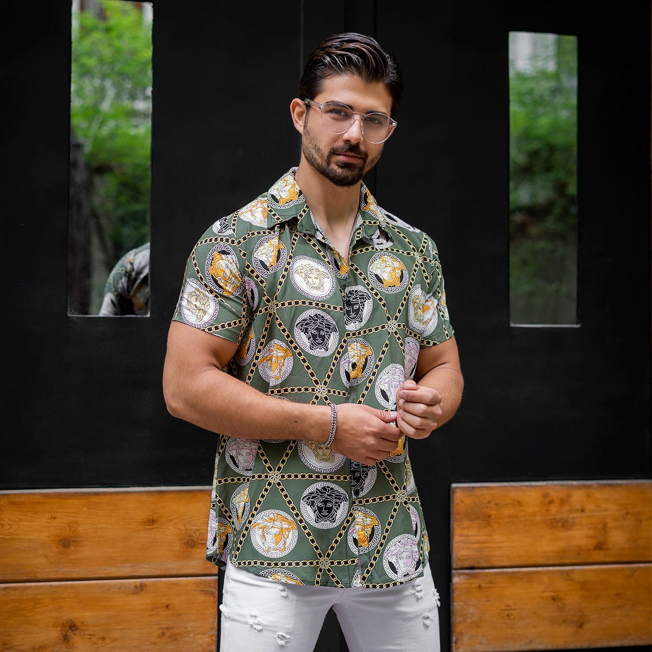 پیراهن هاوایی مردانه ورساچه سبز مدل p8