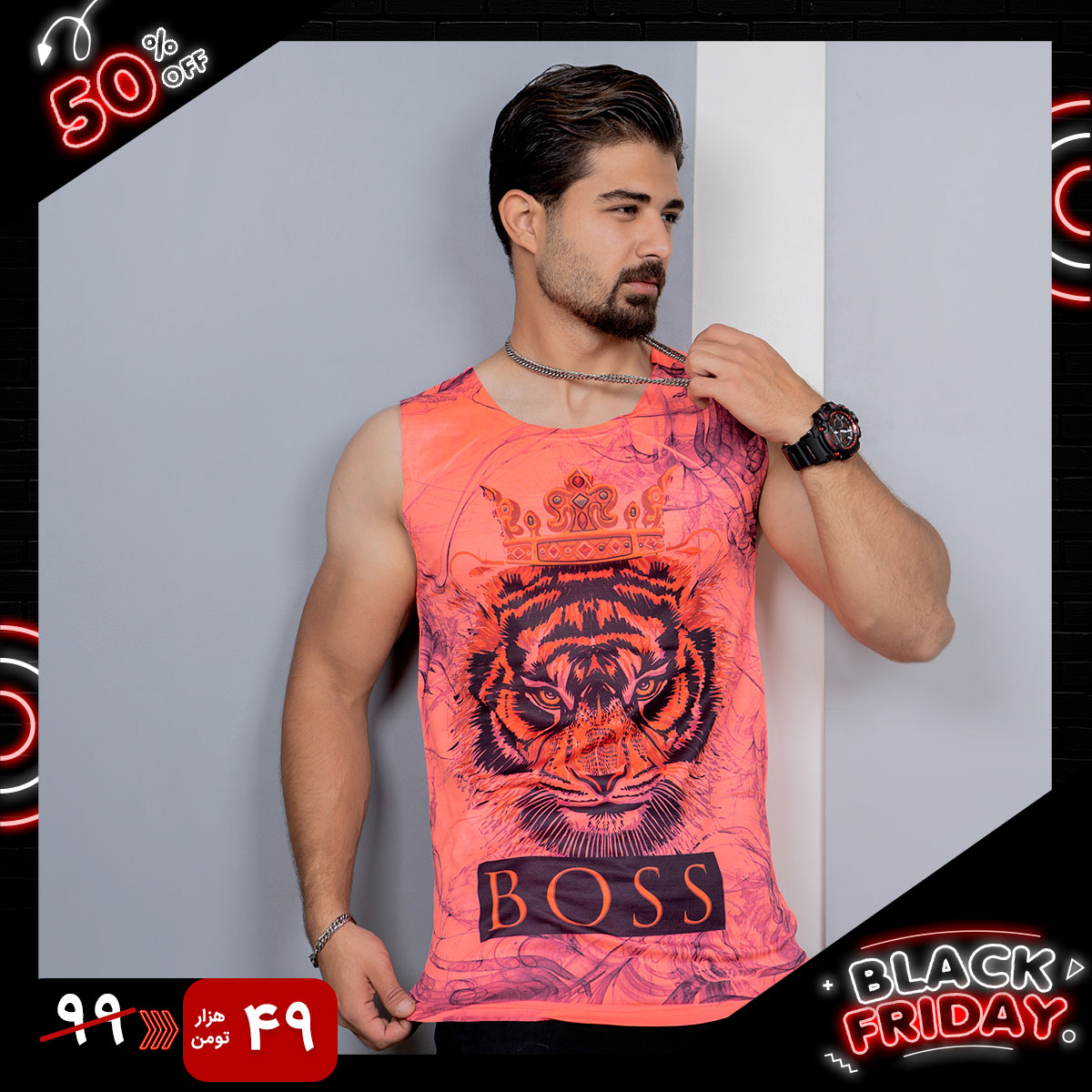 رکابی (T) صورتی طرح ببر مردانه مدل Boss