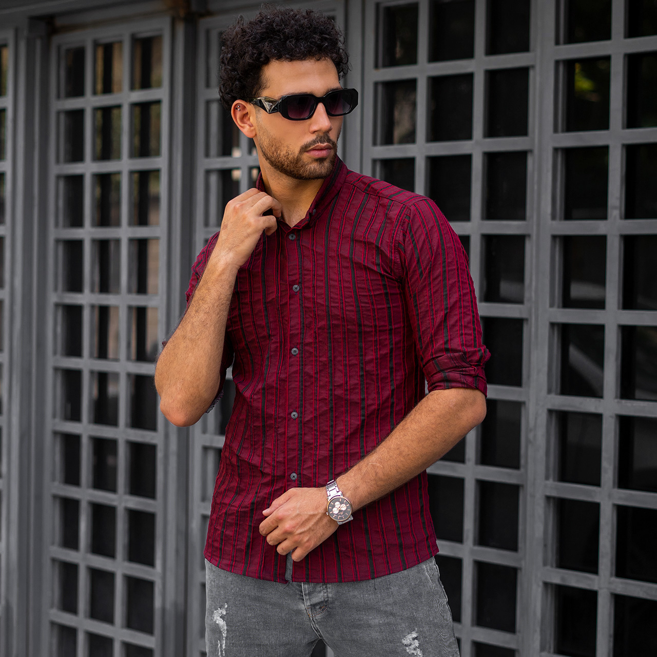 پیراهن راه راه قرمز مردانه مدل Mavin