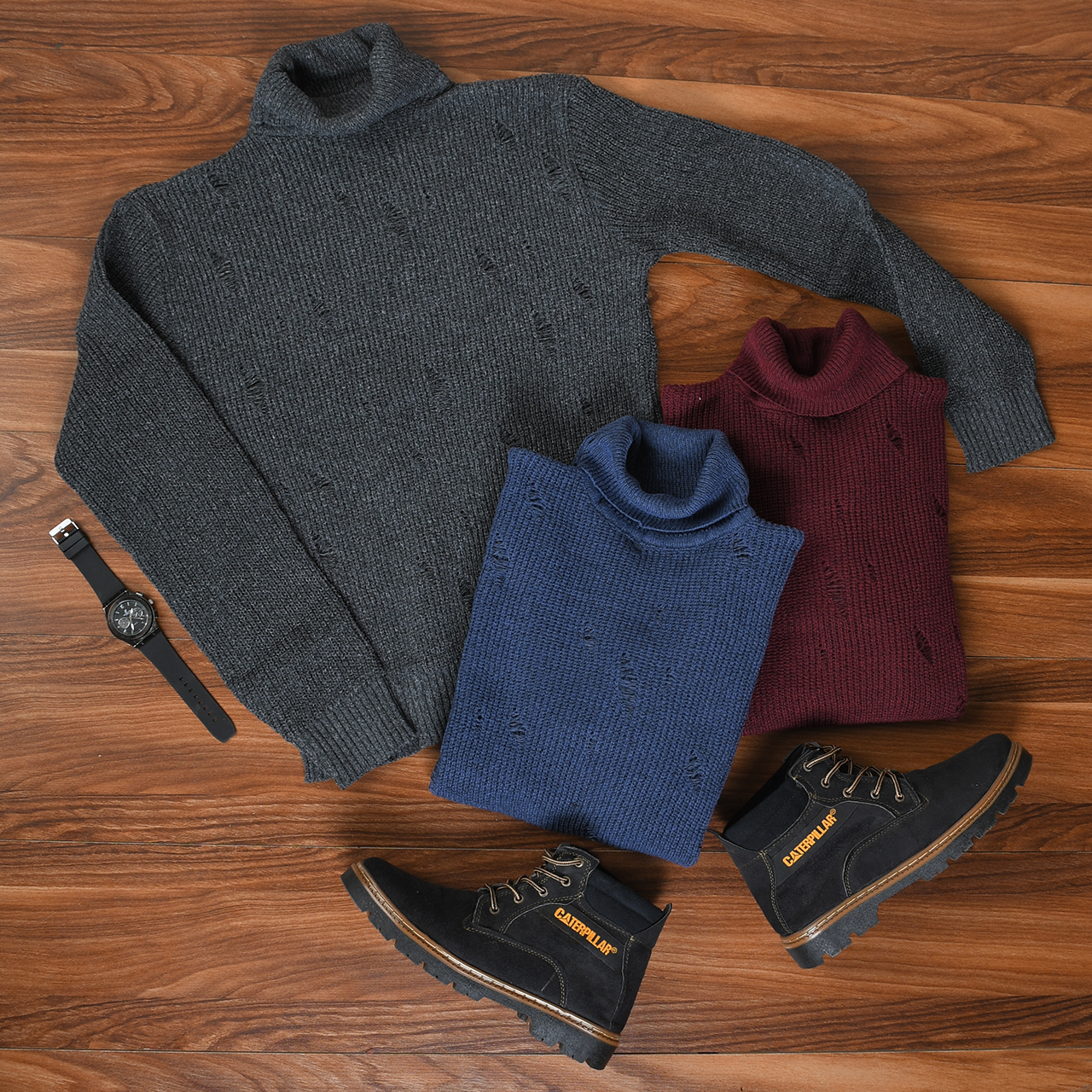 پلیور یقه اسکی زرشکی زاپ دار مردانه مدل U10