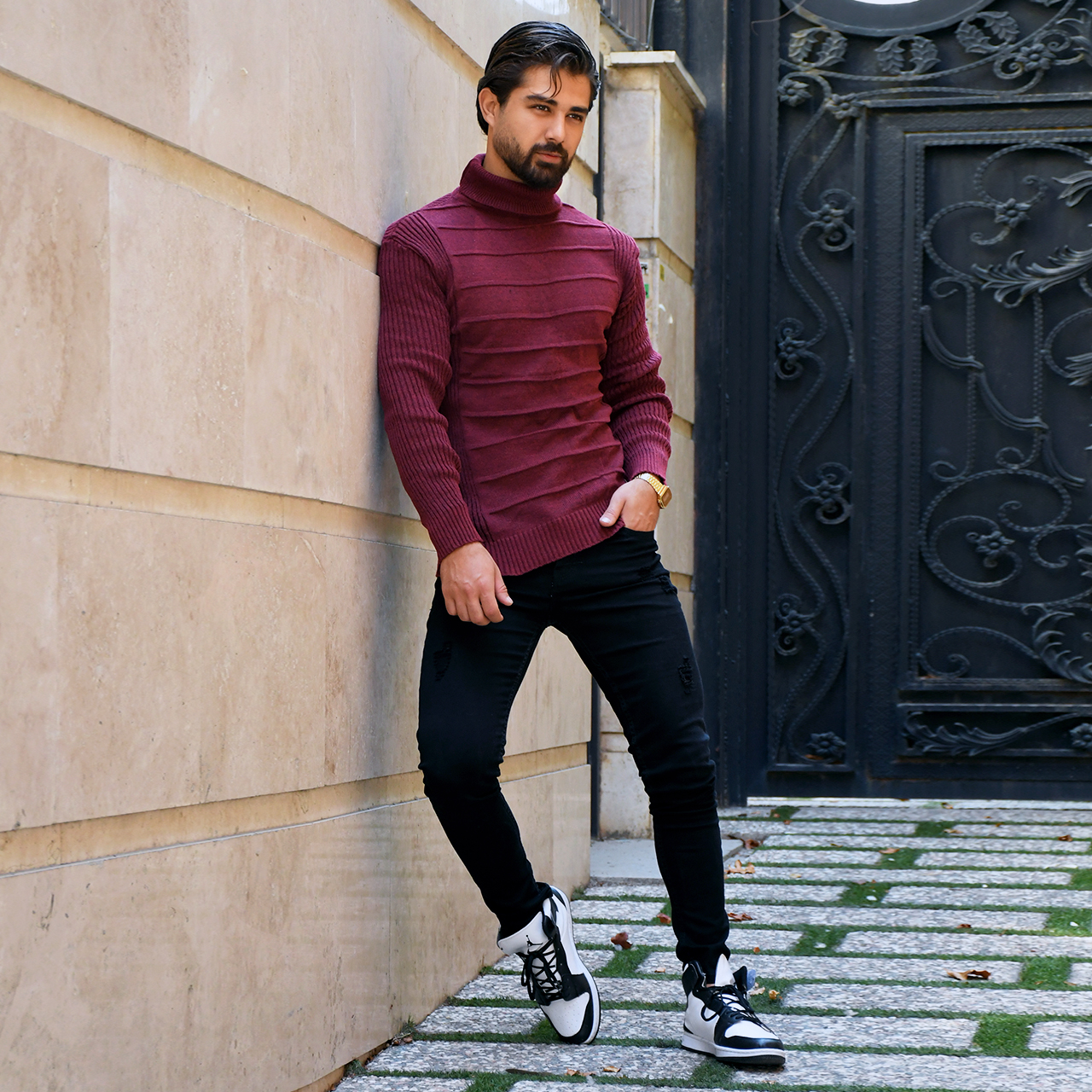 پلیور یقه اسکی زرشکی طرح کرکره ای مردانه مدلR10