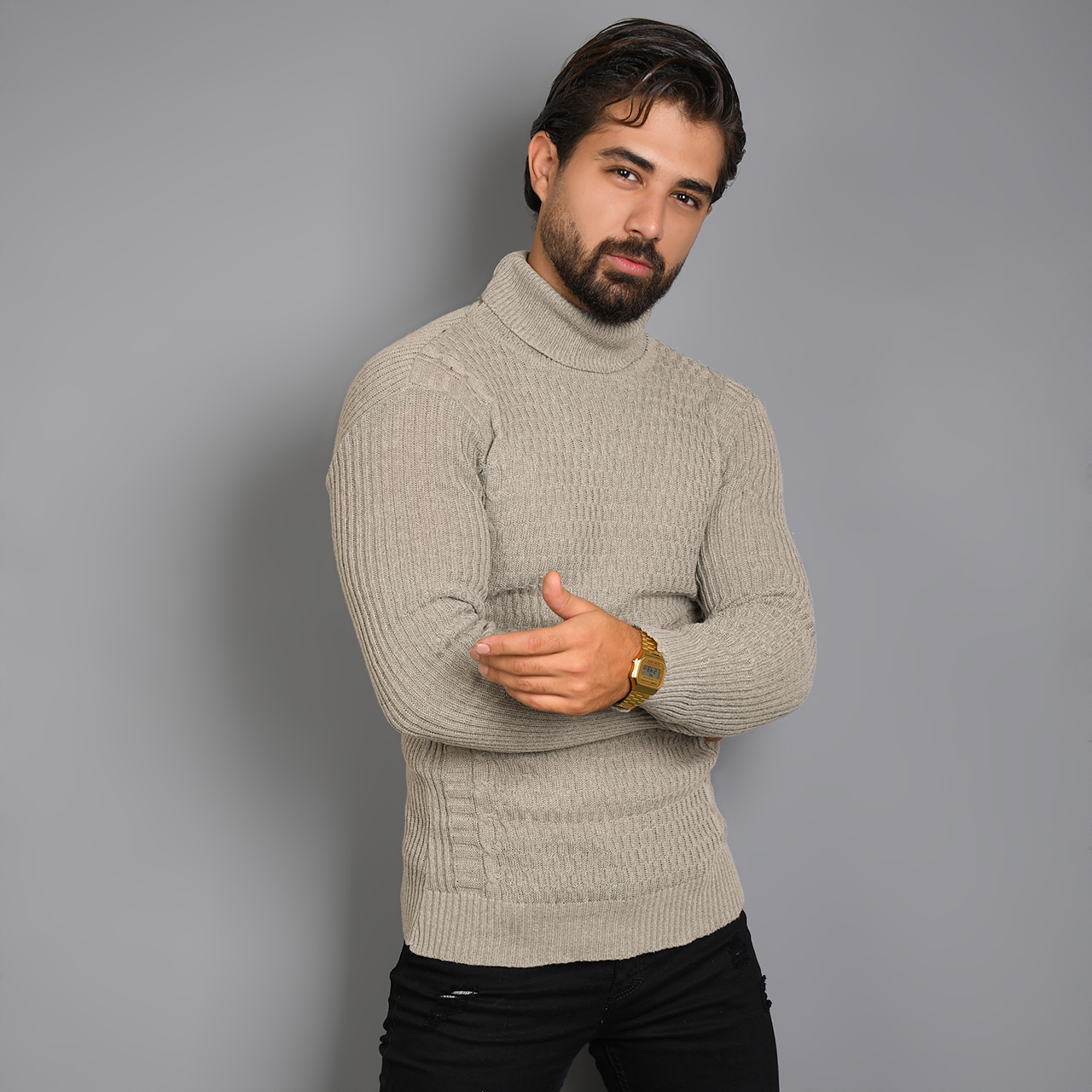 پلیور یقه اسکی کرم طرح راه راه مردانه مدلT10