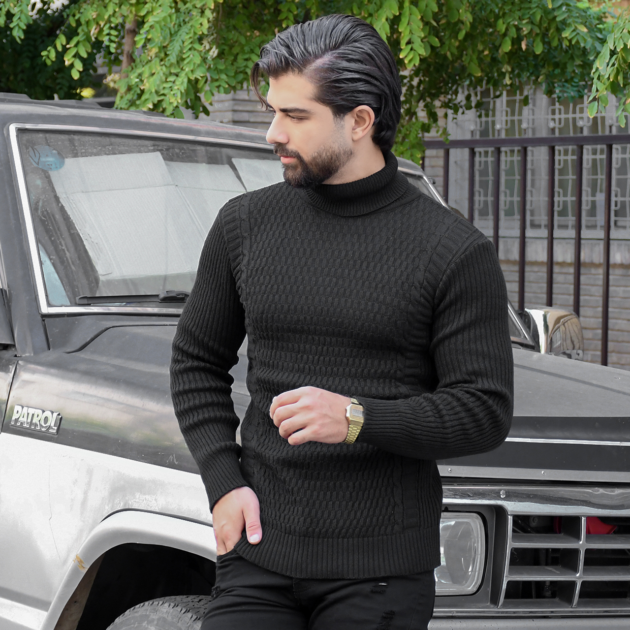 پلیور یقه اسکی مشکی طرح راه راه مردانه مدلT10