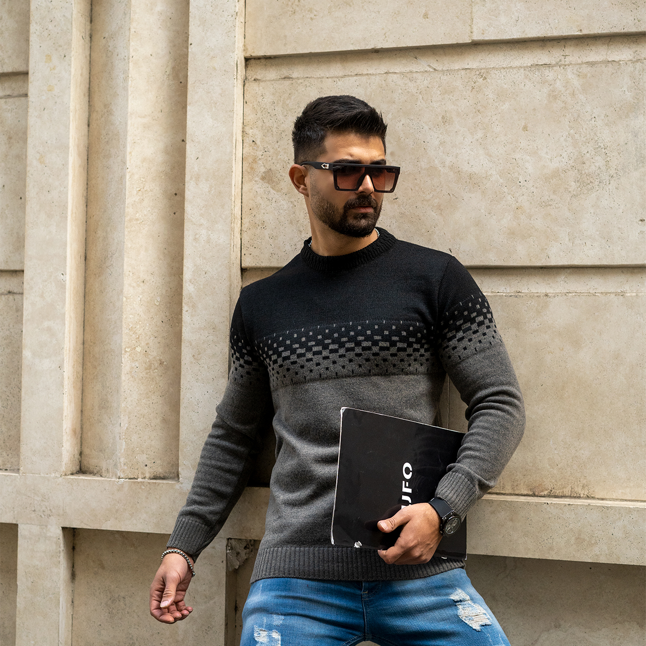 پلیور مردانه دو رنگ قهوه ای مشکی مدلShatel