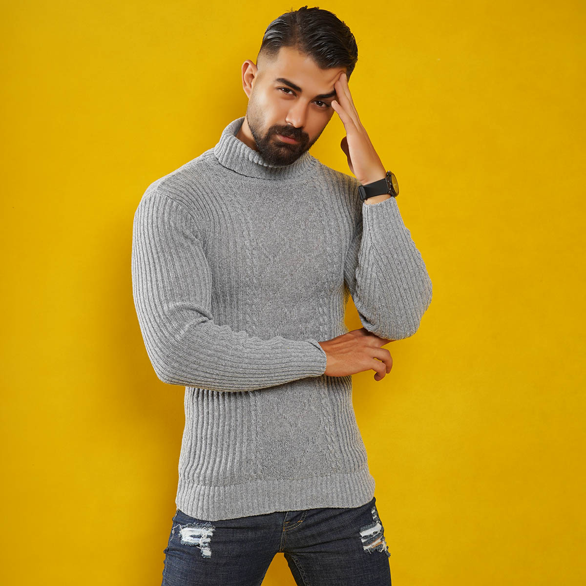 پلیوربافت مردانه طوسی یقه اسکی مدل Hakan