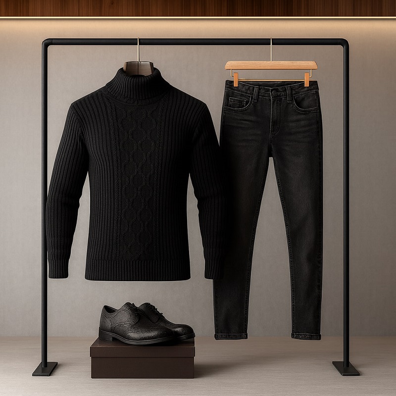 پلیوربافت مردانه مشکی یقه اسکی مدل Hakan