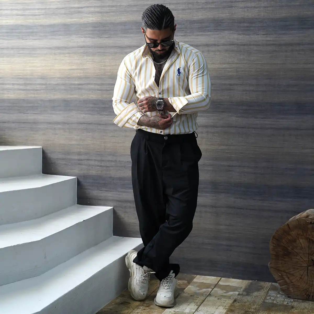 پیراهن مردانه سفید خردلی مدل Hadi