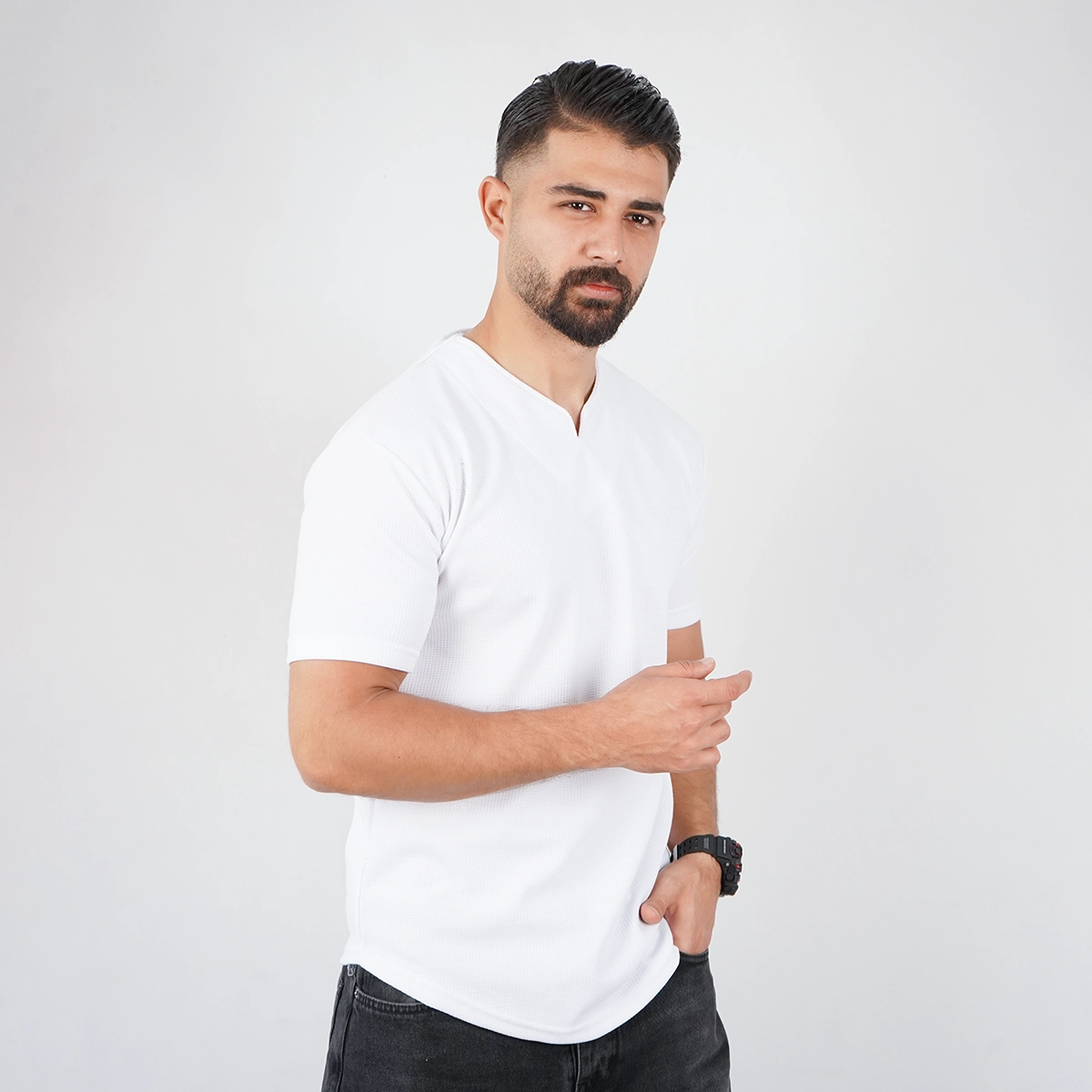 تیشرت سفید یقه کوبایی مردانه مدل Sorad