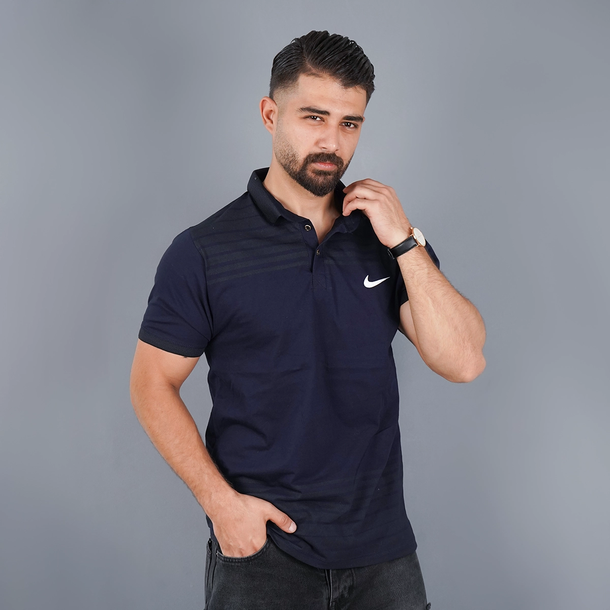 تیشرت یقه دار راه راه سرمه ای مدل Farhan