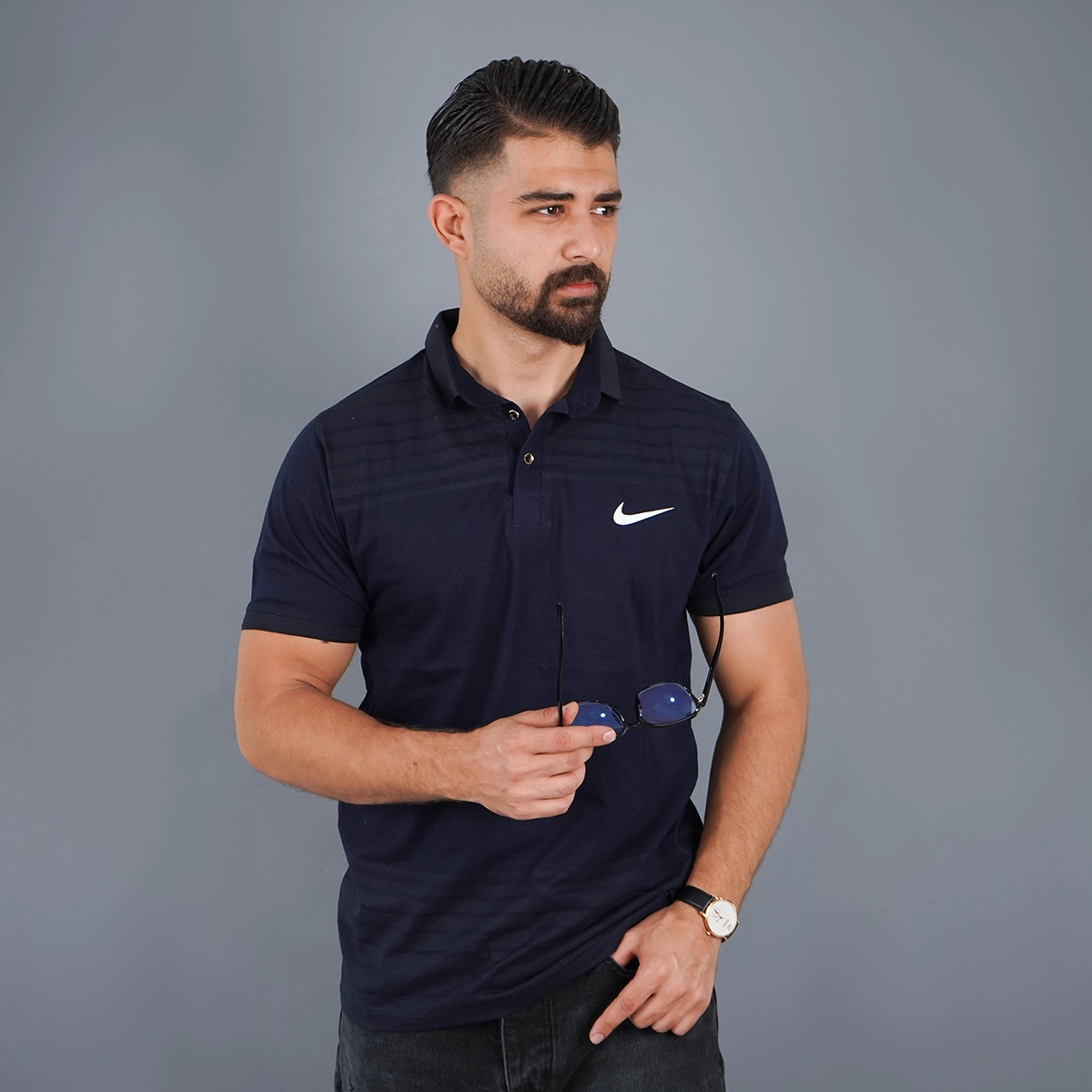 تیشرت یقه دار راه راه سرمه ای مدل Farhan