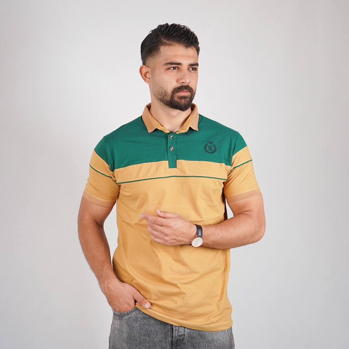 تیشرت مردانه یقه فرنچ کرم مدل Bahman