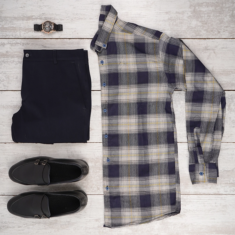 پیراهن چهارخونه سرمه ای زرد مردانه مدل Sany