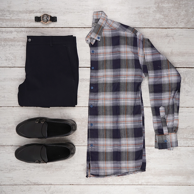 پیراهن چهارخونه سرمه ای نارنجی مردانه مدل Sany