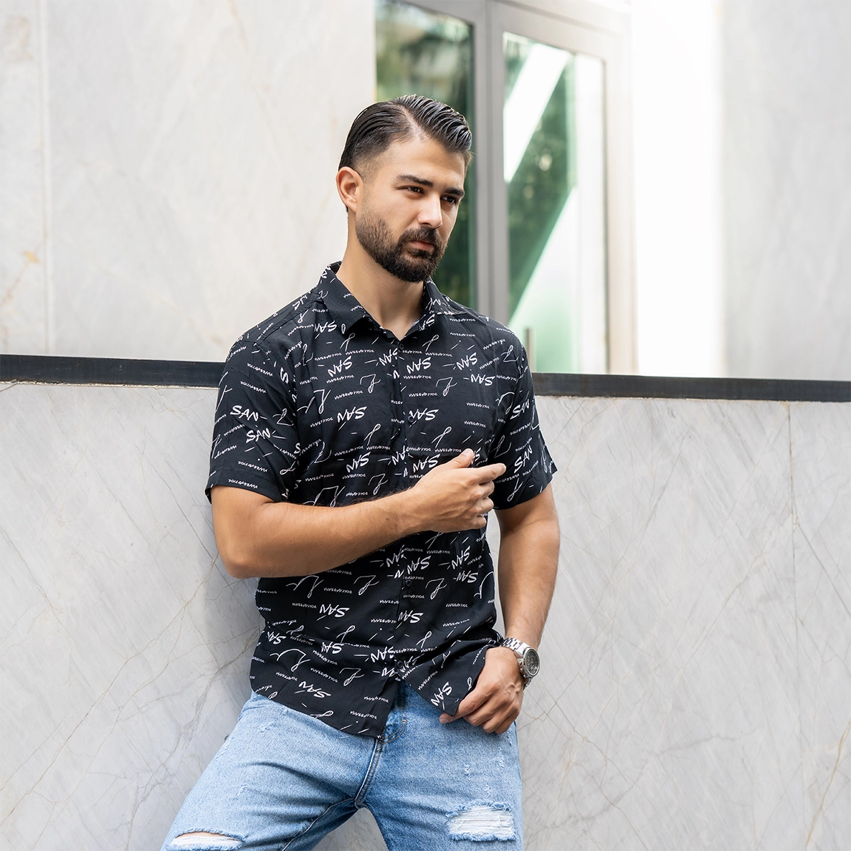 پیراهن هاوایی مشکی مردانه مدل San