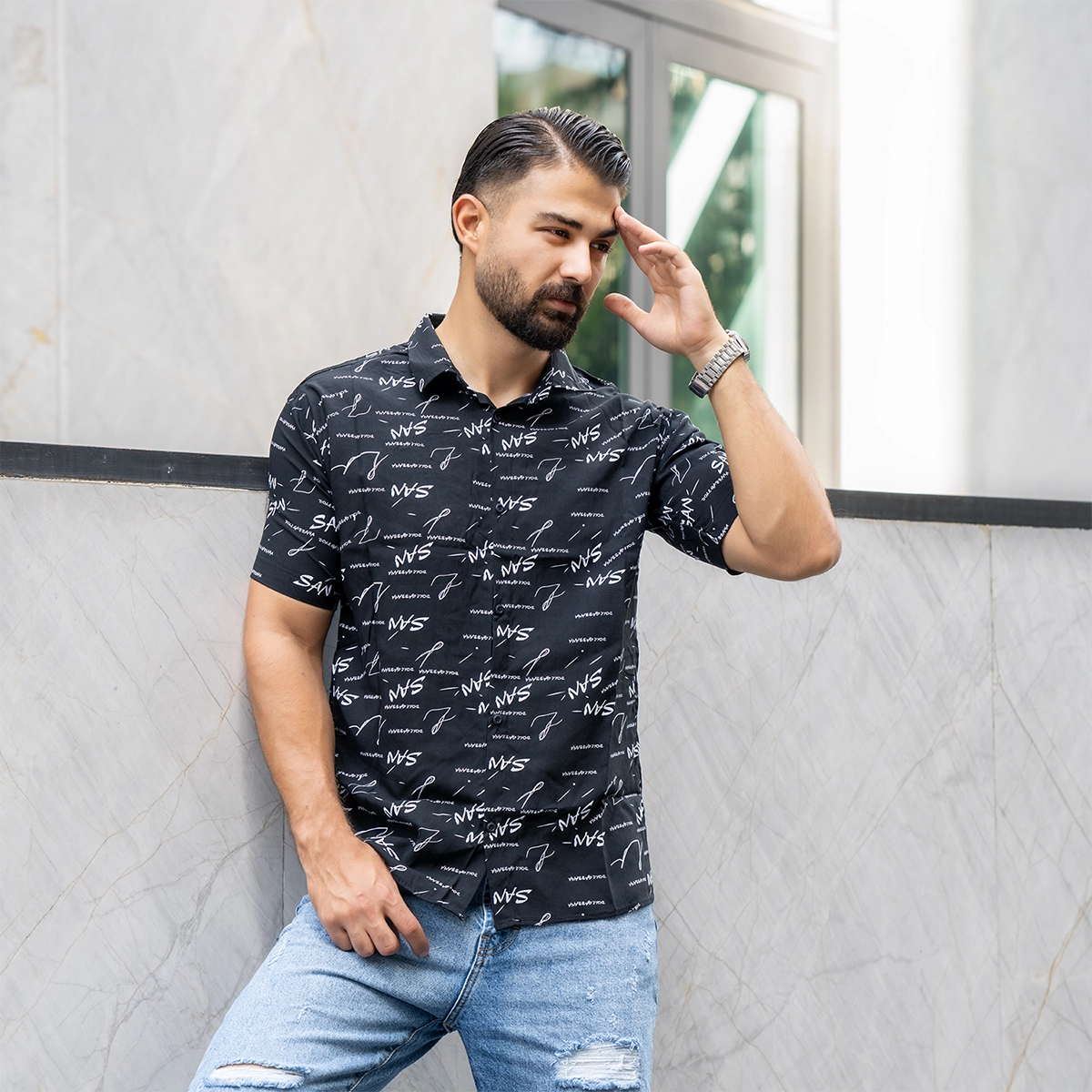 پیراهن هاوایی مشکی مردانه مدل San