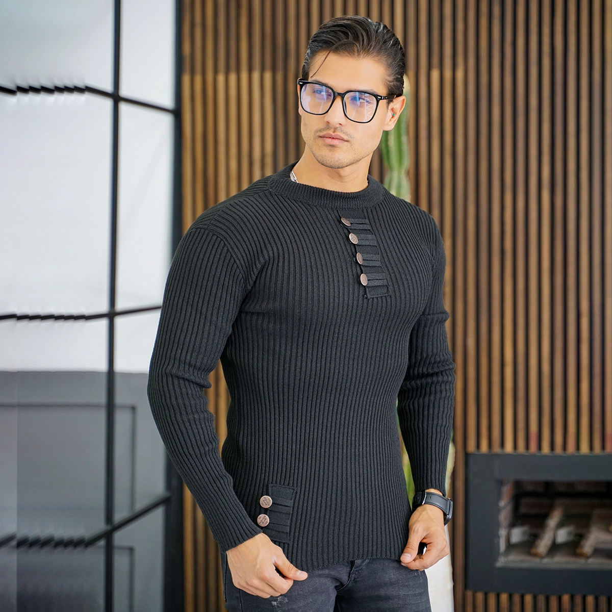 بافت مردانه مشکی مدل دکمه ای