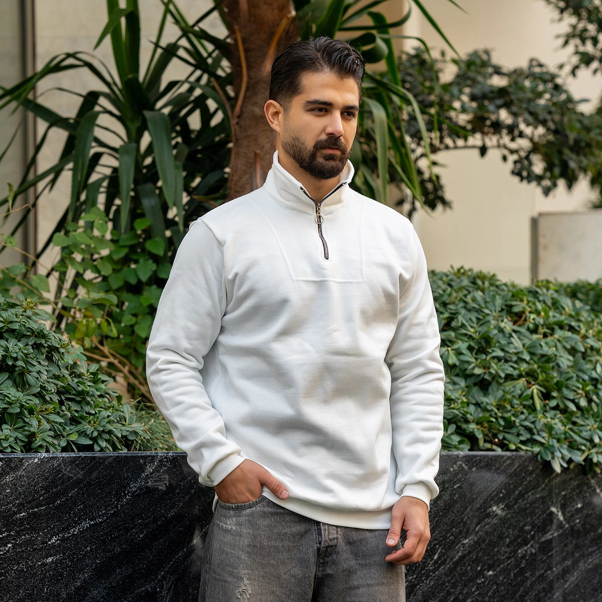هودی نیم زیپ مردانه سفید مدل Shobin