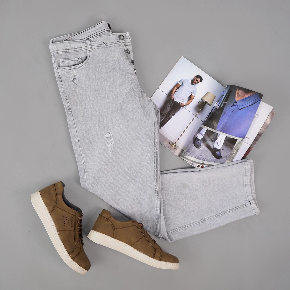 شلوار جین مام استایل طوسی روشن مردانه مدل Barad