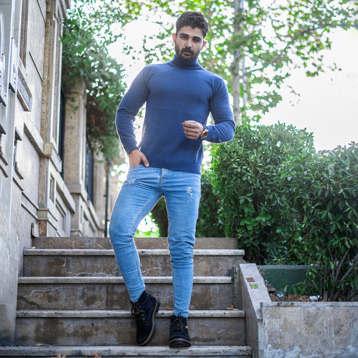 پلیور بافت یقه اسکی مردانه مدل Ersan رنگ آبی