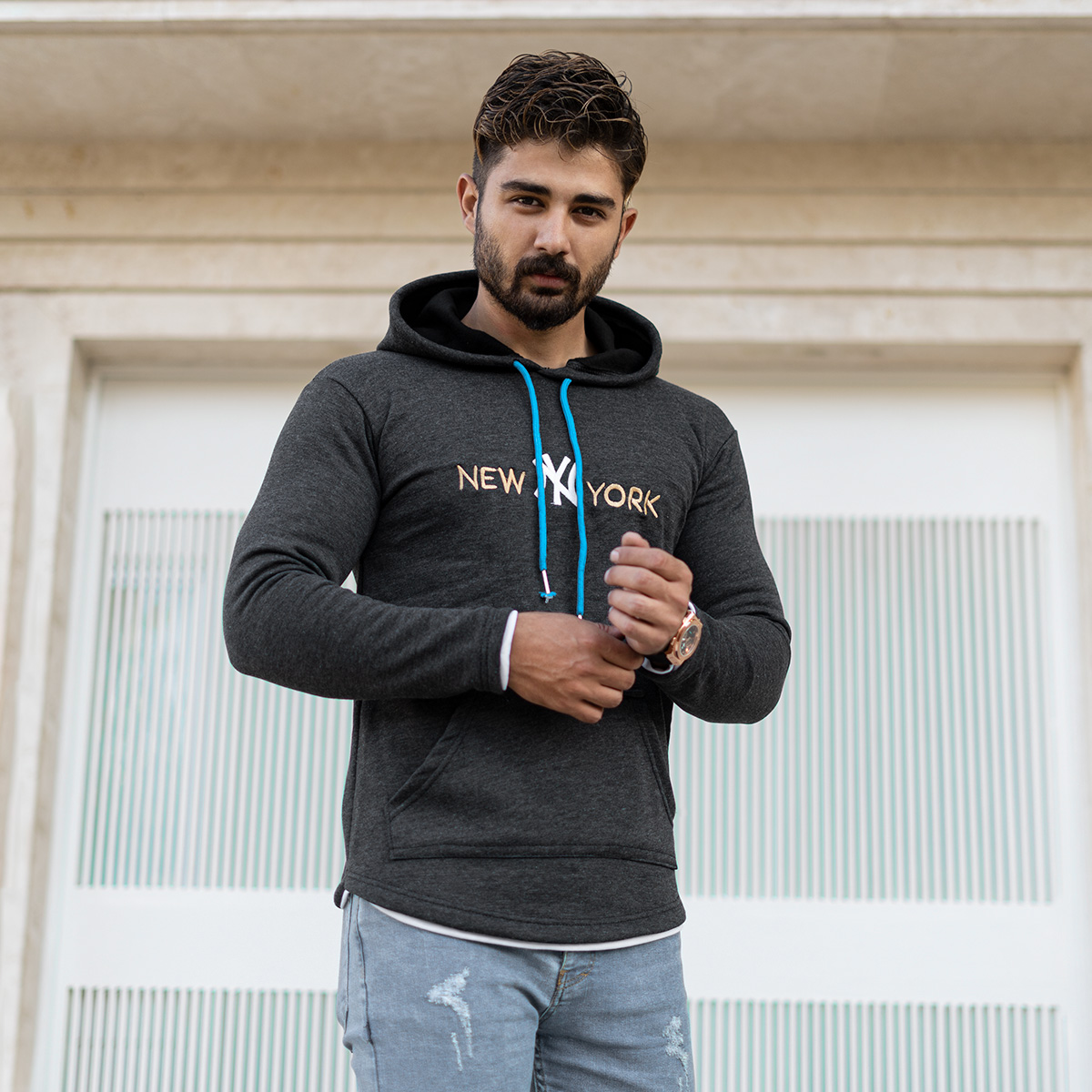 هودی مردانه مدل new york رنگ طوسی