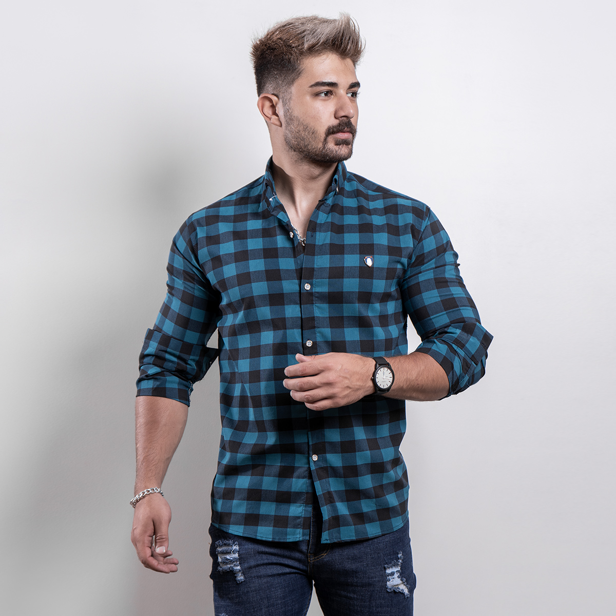 پیراهن شطرنجی سبز مردانه مدل Crown