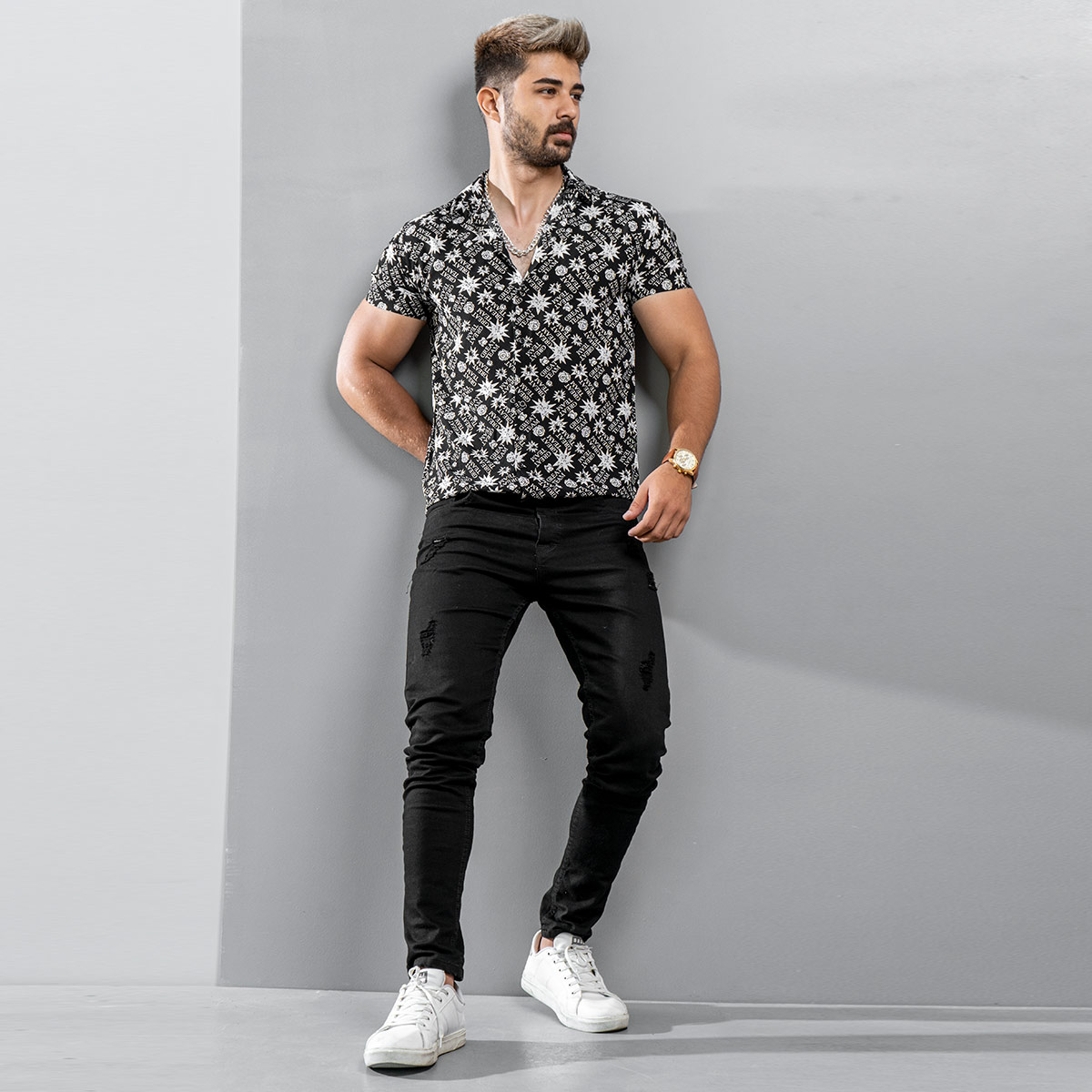 پیراهن هاوایی مردانه مدل GREAT TEAM