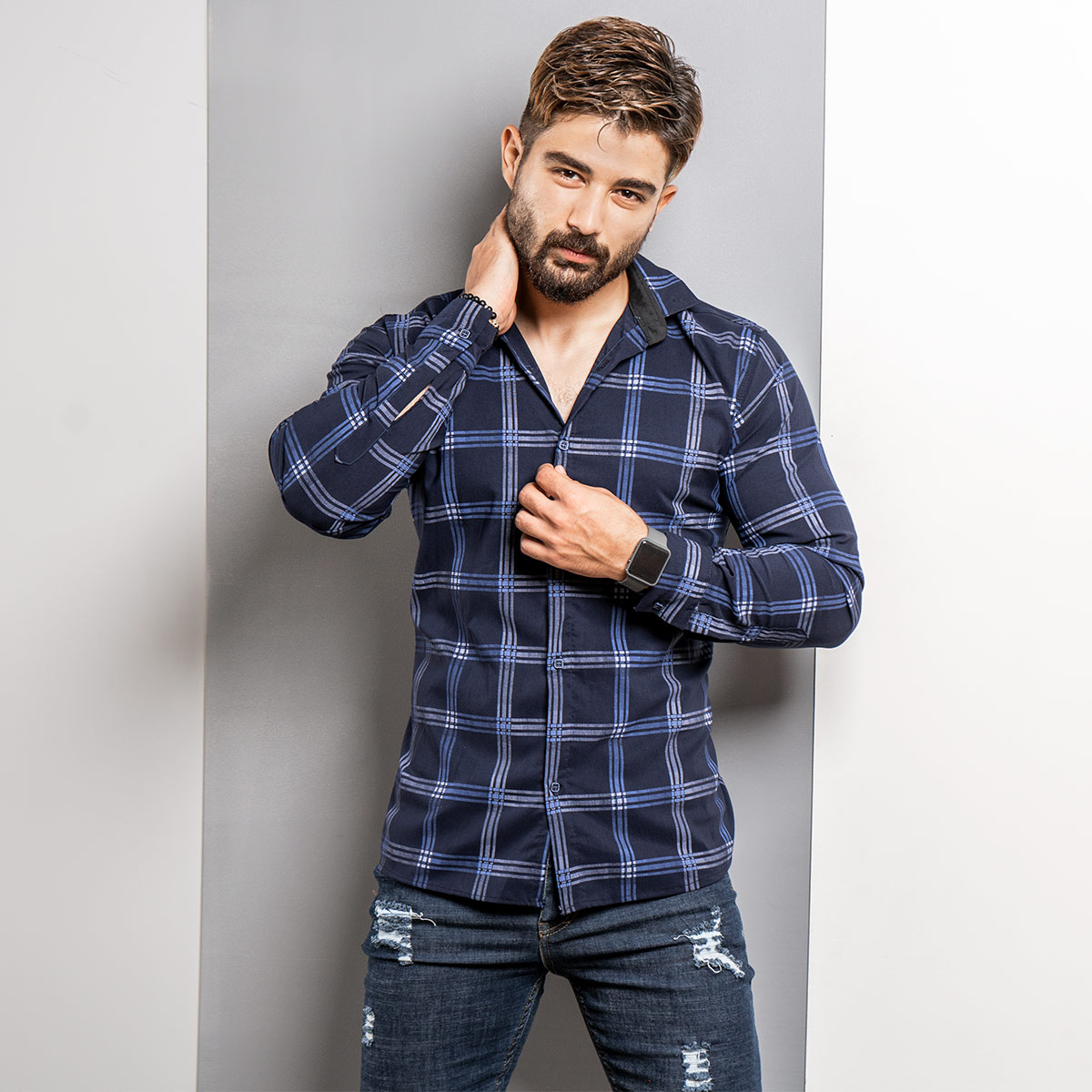 پیراهن چهارخونه(T) سرمه‌ای مردانه مدل Siyam